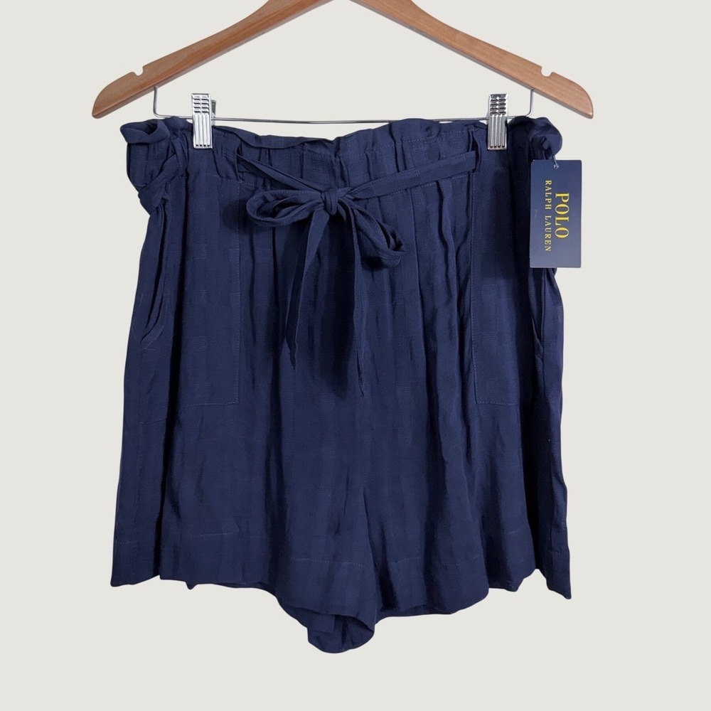 Polo Ralph Lauren Shorts Womens L Navy Blue Paperbag Waist Tie Front Rayon New